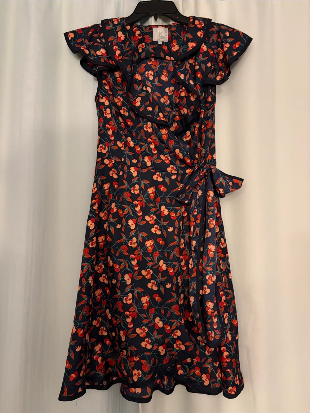 Hi There from Karen Walker Navy Floral Wrap Midi Dress with Red Cherry Print, 4